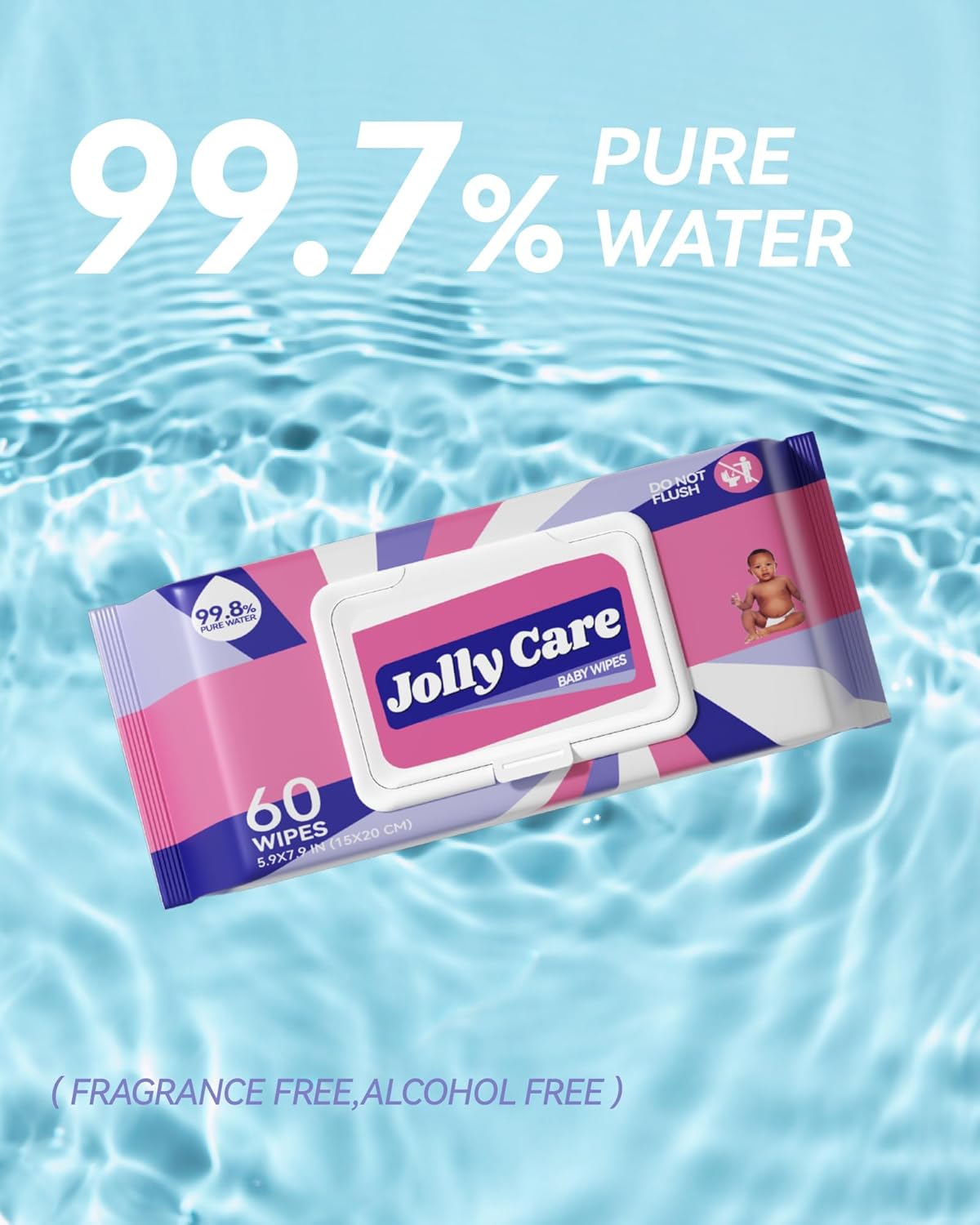 Sensitive Baby Wipes Unscented, 99% Water-based Wipes, Fragrance-free, Alcohol-free, Hypoallergenic, Soft, Large and Thick for Hands, Face, Toys, 6 Flip-Top Packs (360 Wipes Total)
