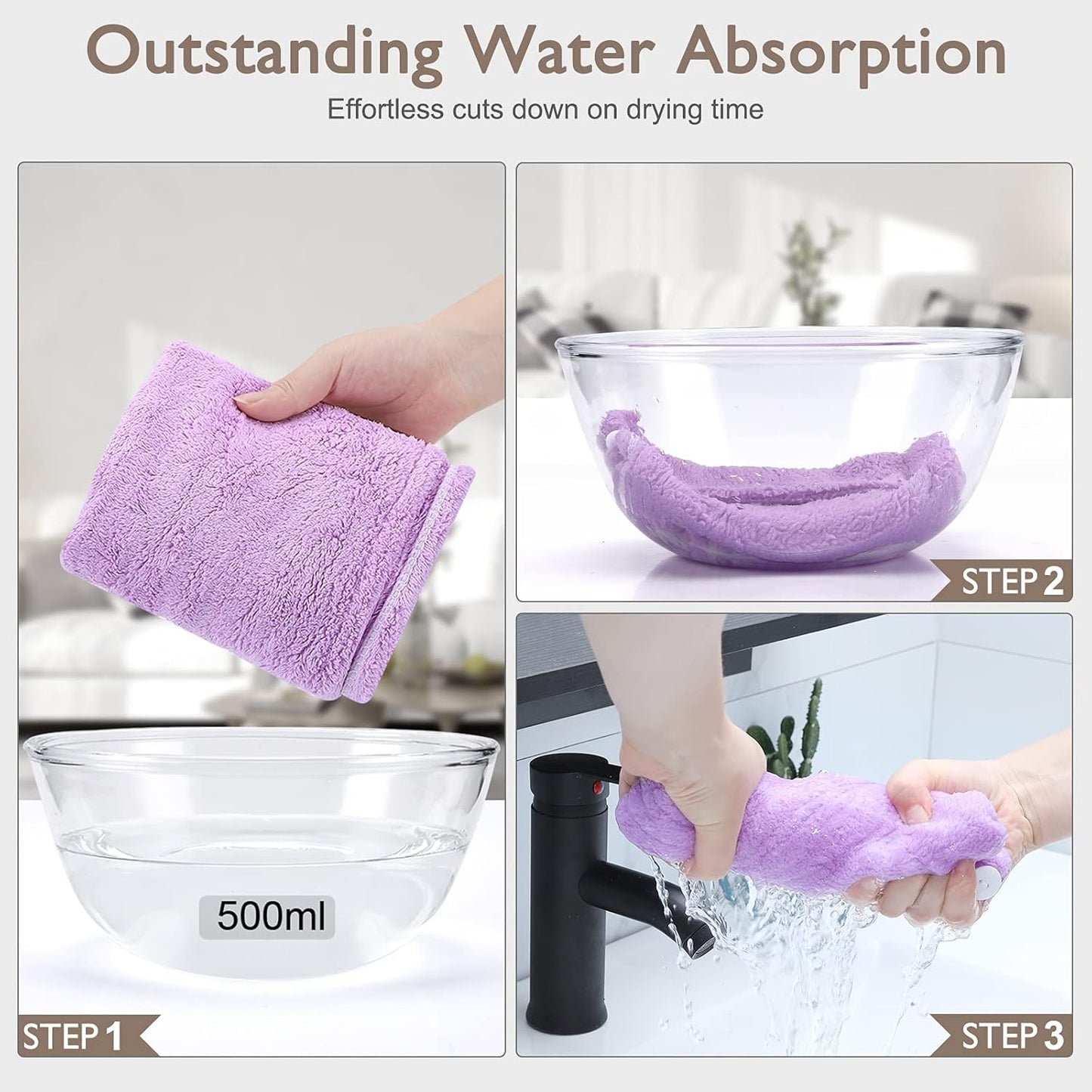 BEoffer Microfiber Hair Towel, 3 Pack Turbans for Women, Men, Kids, Quick Dry Wrap for Curly, Long Hair, Anti-Frizz (Purple+Pink+Blue)