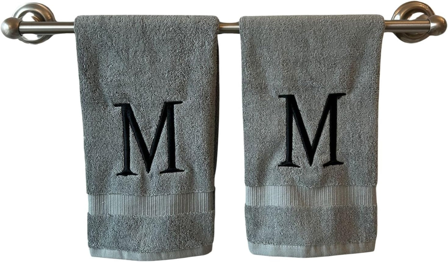 Gray Initial Hand Towel for Bathroom - Monogrammed Luxury Hotel Quality Decorative Embroidered Towel for Powder Room, Spa - GOTS Organic Certified - Set of 2 Black Letter M