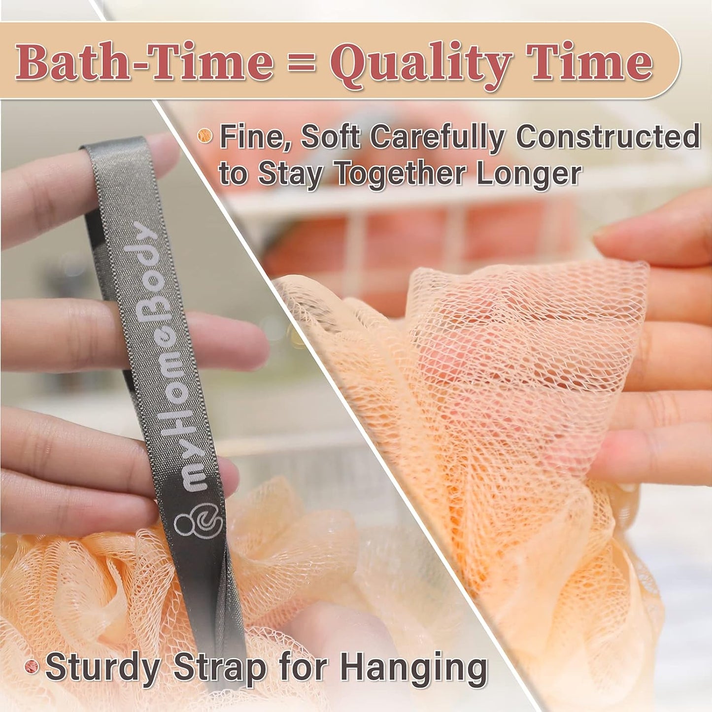 myHomeBody 60g Loofah Sponge, Body Scrubber, Bath Sponge, Loofah for Women, Men, Exfoliating Sponge Shower Pouf with Activated Charcoal - 2 Peach + 1 Coral Red, 3 Pack