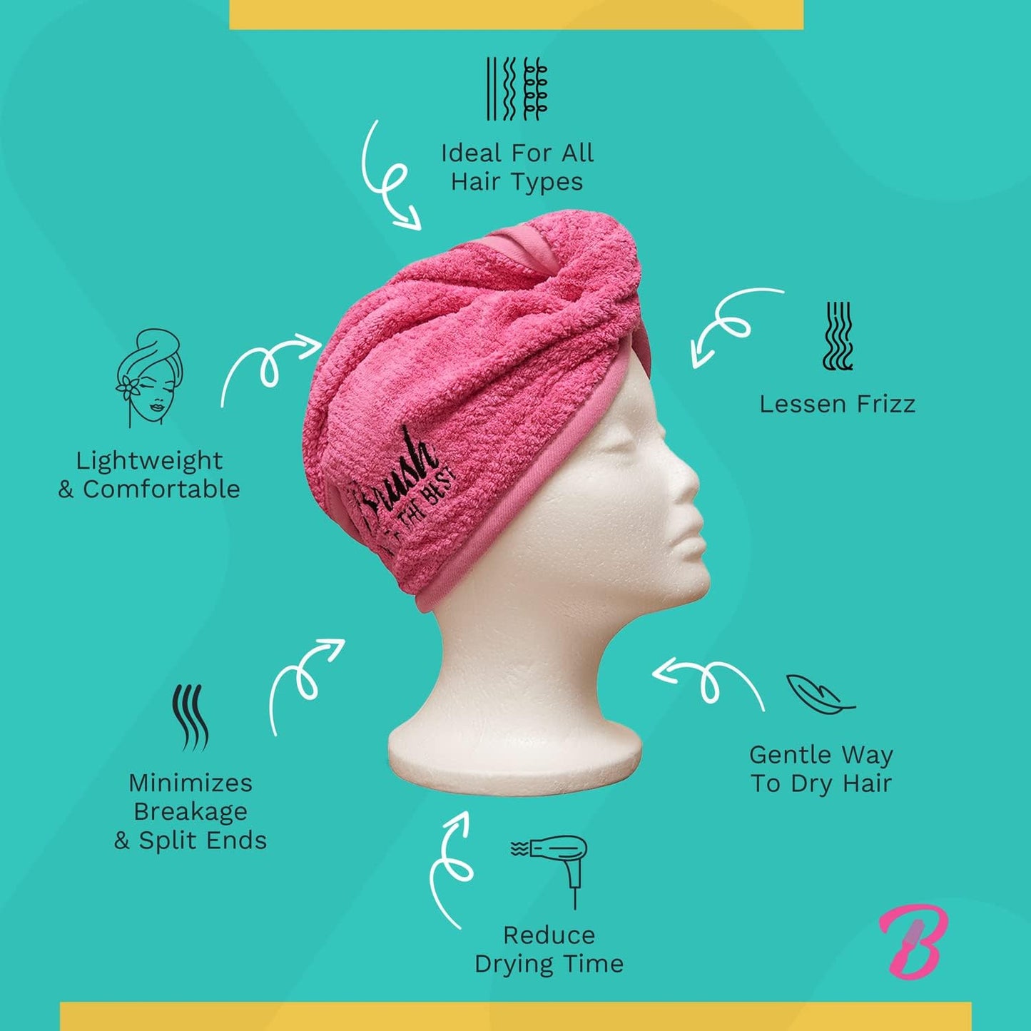 Felicia Leatherwood Microfiber Hair Towel Wrap - Quick Drying, Anti Frizz & Gentle on Hair - Easy to Use, Saves Time, Lightweight & Compact - for Curly, Long & Thick Hair - Men & Women - Pink