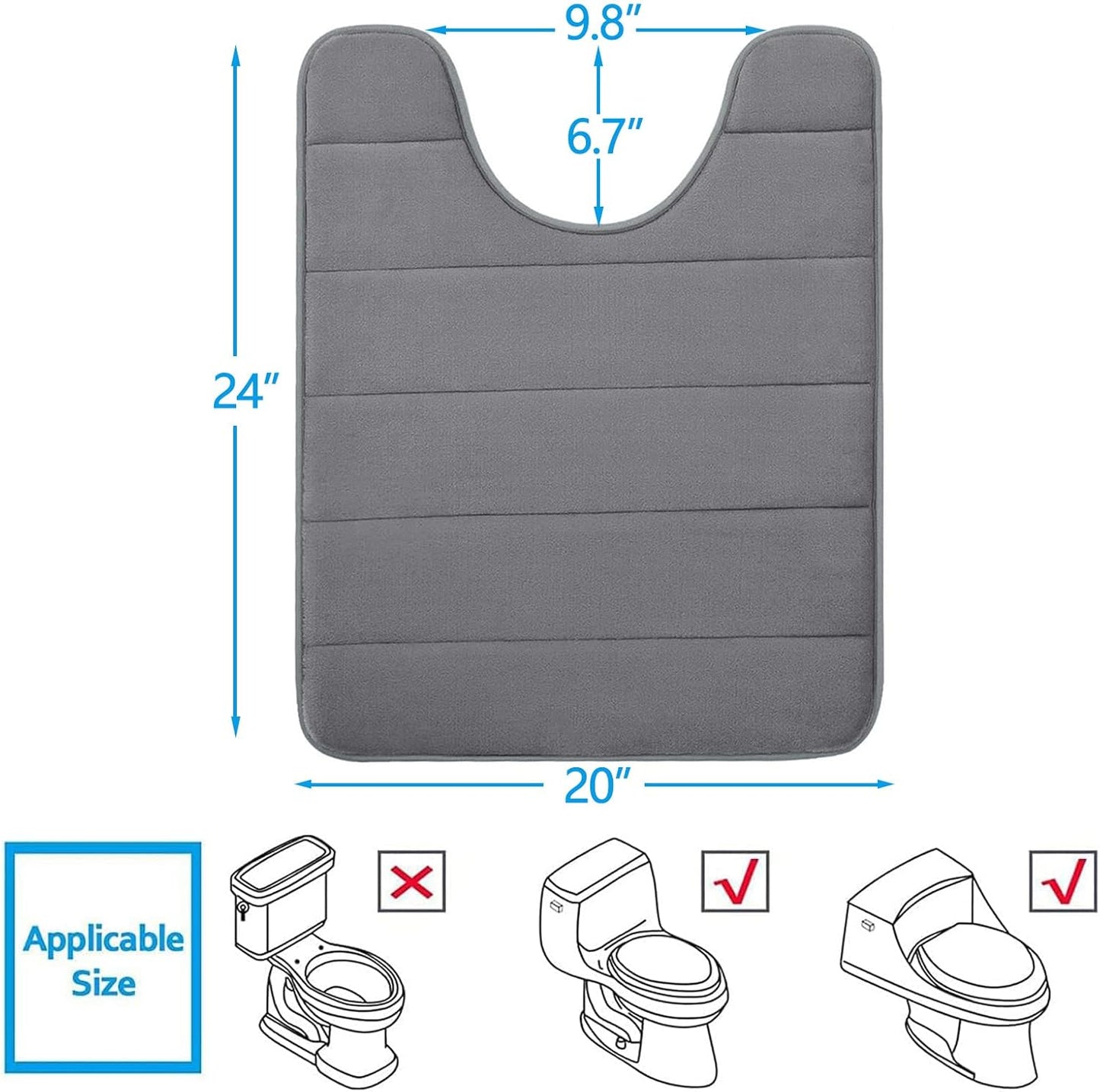 Buganda Memory Foam U-Shaped Contour Toilet Rugs, Non Slip Absorbent, Thick Soft Washable Bathroom Mat, Floor Carpet Bath Rugs Mat for Toilet Base (24" x 20", Grey)
