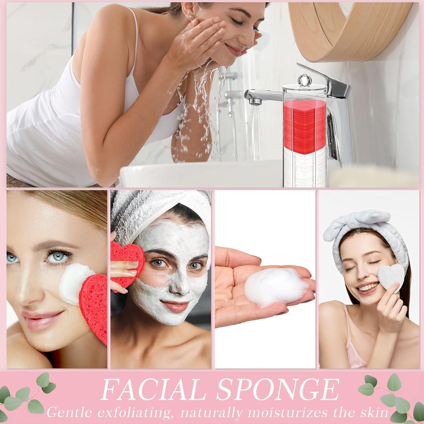 Sieral 120 Pcs Compressed Facial Sponges with Container Disposable Face Sponge Pads for Washing Face Cleansing Exfoliating Esthetician Makeup Removal (Heart,Red, White)