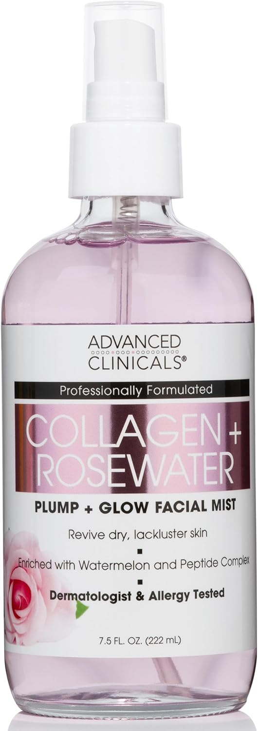 Advanced Clinicals Collagen Rosewater Face Mist Skin Care Reviving & Hydrating Facial Mist for Face | Instant Hydration Face Spray Toner with Pure Rose Water, Collagen, & Natural Extracts, 7.5 Fl Oz