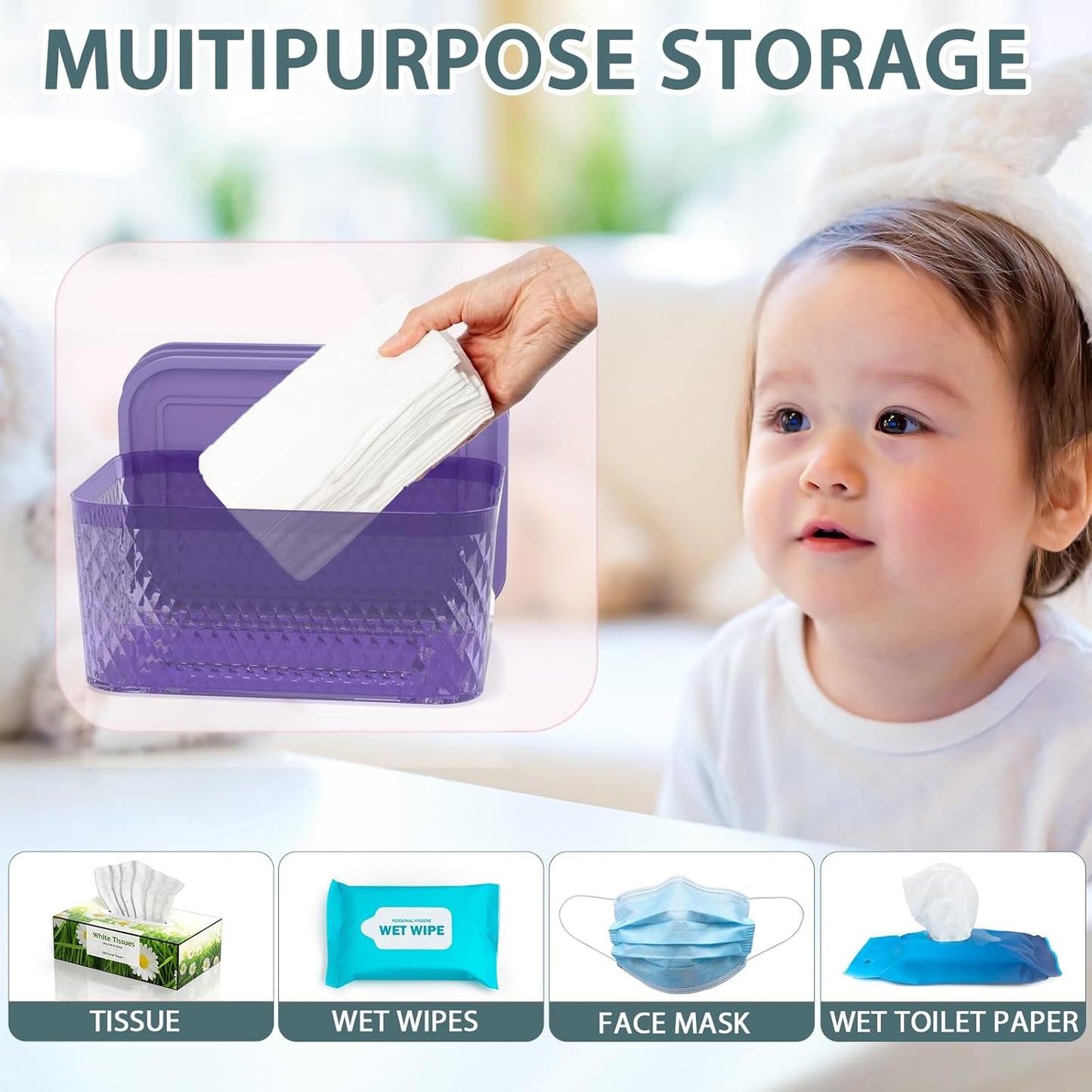 Wipes Dispenser, One-Handed Operation Wipe Holder for Baby & Adult, Seal-Designed Wipes Container for Bathroom Keep Diaper Wipes Fresh (Purple)