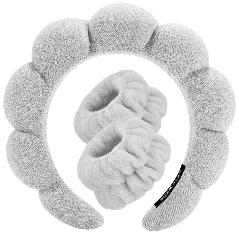 Spa Headbands for Washing Face Wristband Set Sponge Makeup Skincare Headband Wrist Towels Bubble Soft Terry Towel Cloth Hairband for Women Puffy Headwear Non Slip Thick Thin Hair Headwear (Gray)