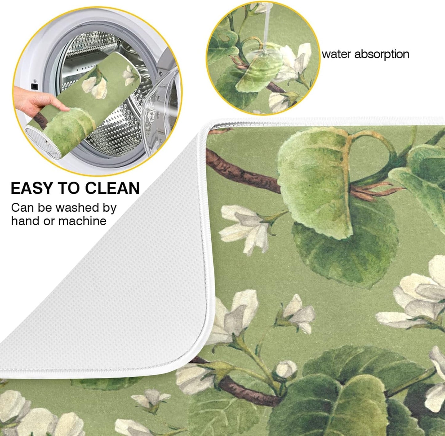 Dish Drying Mat for Kitchen Counter 18 x 16 Inch Vintage White Floral Green Leaves Microfiber Dish Mat Drying Pad Absorbent Dishes Pad Dish Drainer Rack Mats