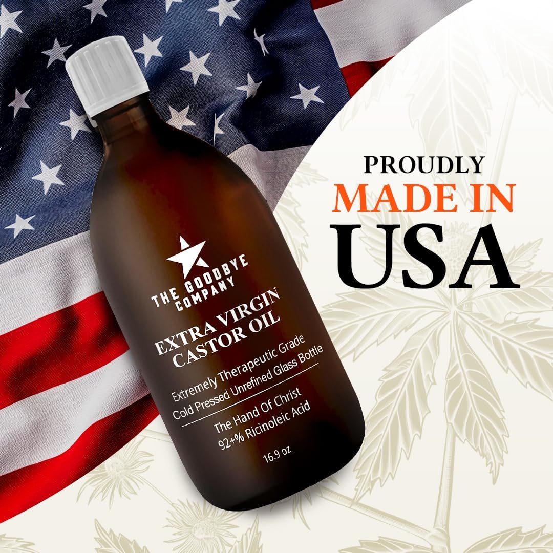 The Goodbye Company Castor Oil USDA Certified Organic Glass Bottle Pure Cold-Pressed(500 mL)100%Natural Virgin Castor Oil Unrefined Moisturise Skin Hair Growth Eyelashes,Hexane&BPA Free 16.90 Ounces