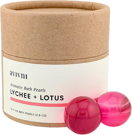 Avivni Moisturizing Bath Oil Beads (15 Pearls), Lychee Oil, Lotus Oil, Floral Scent, Biodegradable, Recyclable Container, Mother's Day Gift Idea