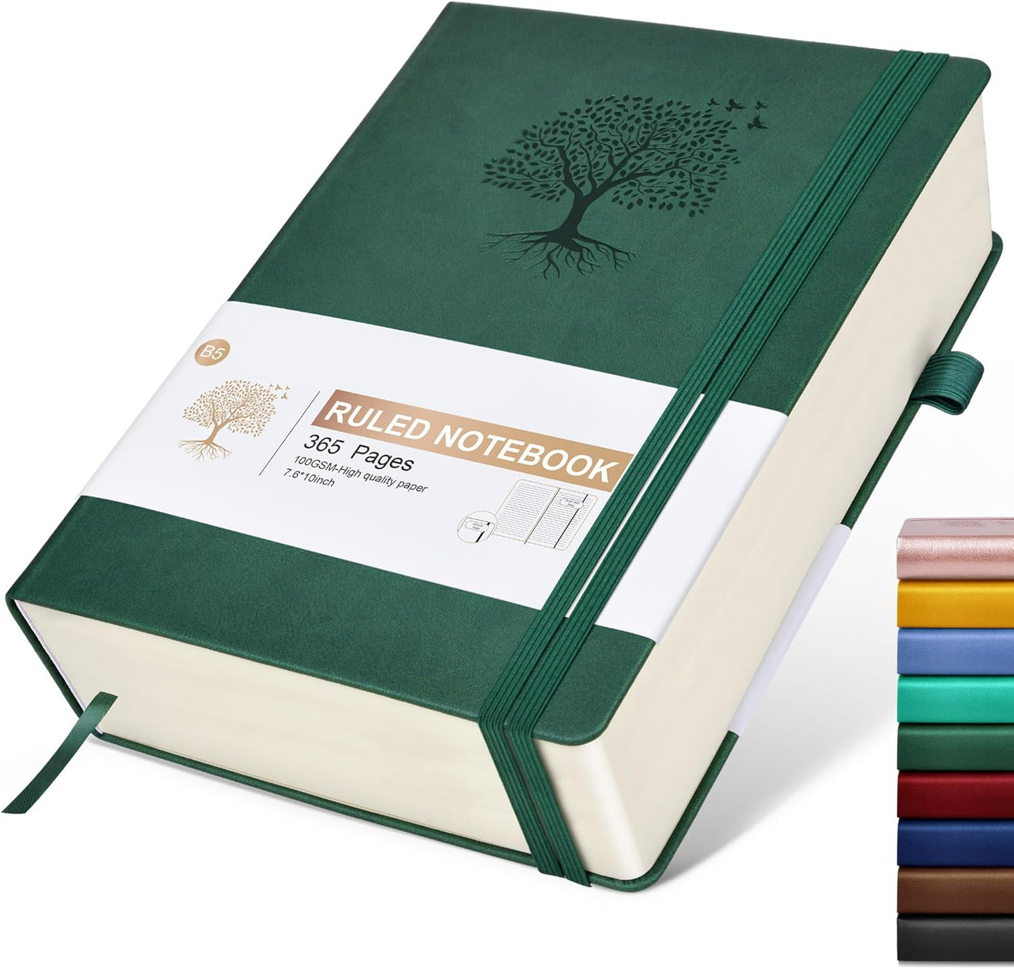 Lined Journal Notebook, 365 Pages B5 Large Journals for Writing Ruled Notebook, Hardcover Leather Journal for Women Men, Daily Notebook for Work, Note Taking, 100Gsm Thick Paper( 7.6'' X 10'' Green)