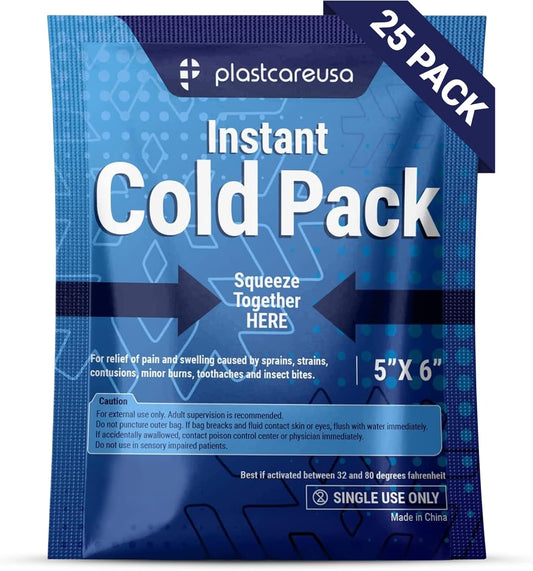 25 Pack 5" x 6" Disposable Ice Packs for Injuries, Swelling, Muscle & Joint Aches, Sprains & Abrasions - Easy to Use Disposable Cold Compress for Pain Relief - PlastCare USA Instant Cold Packs