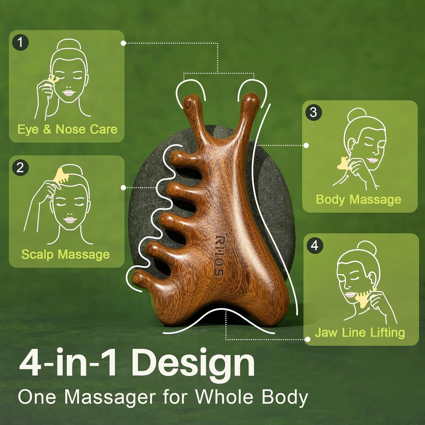 RHOS Multifunctional Wooden Gua Sha Tool｜Scalp Massager for Hair Growth｜Massage Comb for Whole Body｜Jaw Line Lifting｜Face Sculpting｜Lymphatic Drainage｜Body Massage