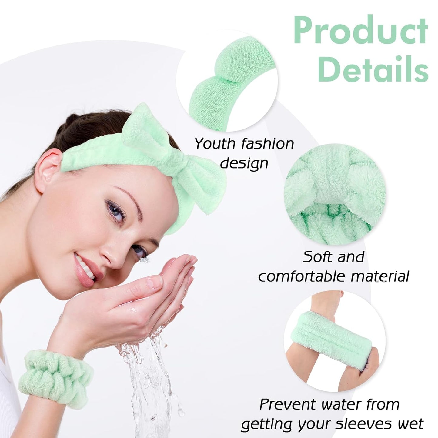 Zkptops 6Pcs Spa Headband for Washing Face Wristbands Set Women Bubble Skincare Makeup Sponge Terry Cloth Padded Puffy Headband Bow Tie Hairband Cute Non Slip Thick Hair Accessory Gifts (Light Green)