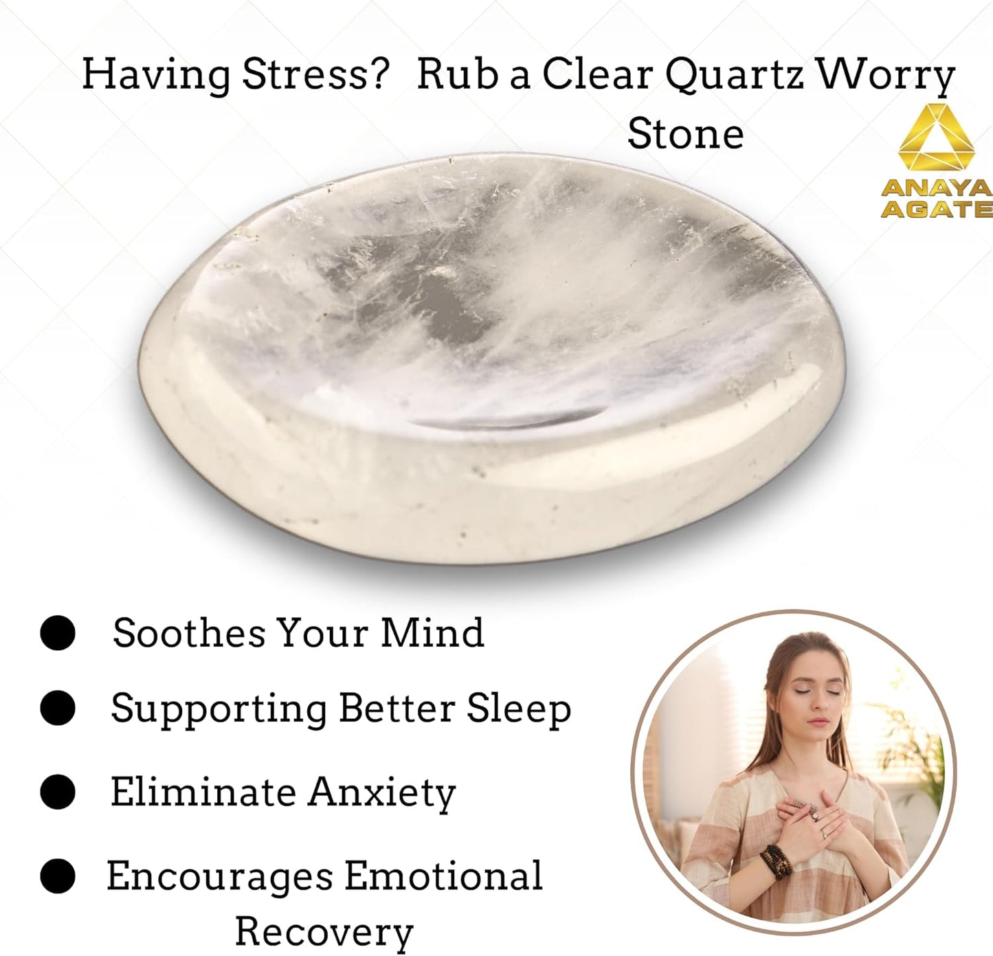 Clear Quartz Worry Stones – Crystal Thumb Worry Stone for Anguish, Stress – Relaxing and Soothing Balance Stones for Meditation, Stress Relief – Healing Stones and Crystals for Men and Women