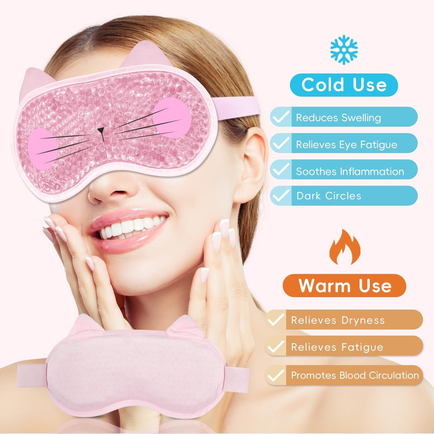 Cooling Eye Mask and Sleep Mask for Girl Woman 2 Pcs, Cute Animal Cat Cartoon Pink Sleeping Mask Soft Cold Warm Compress Gifting for Dry Eyes Puff Eye Migraine Spa, Office, Morning Refreshment