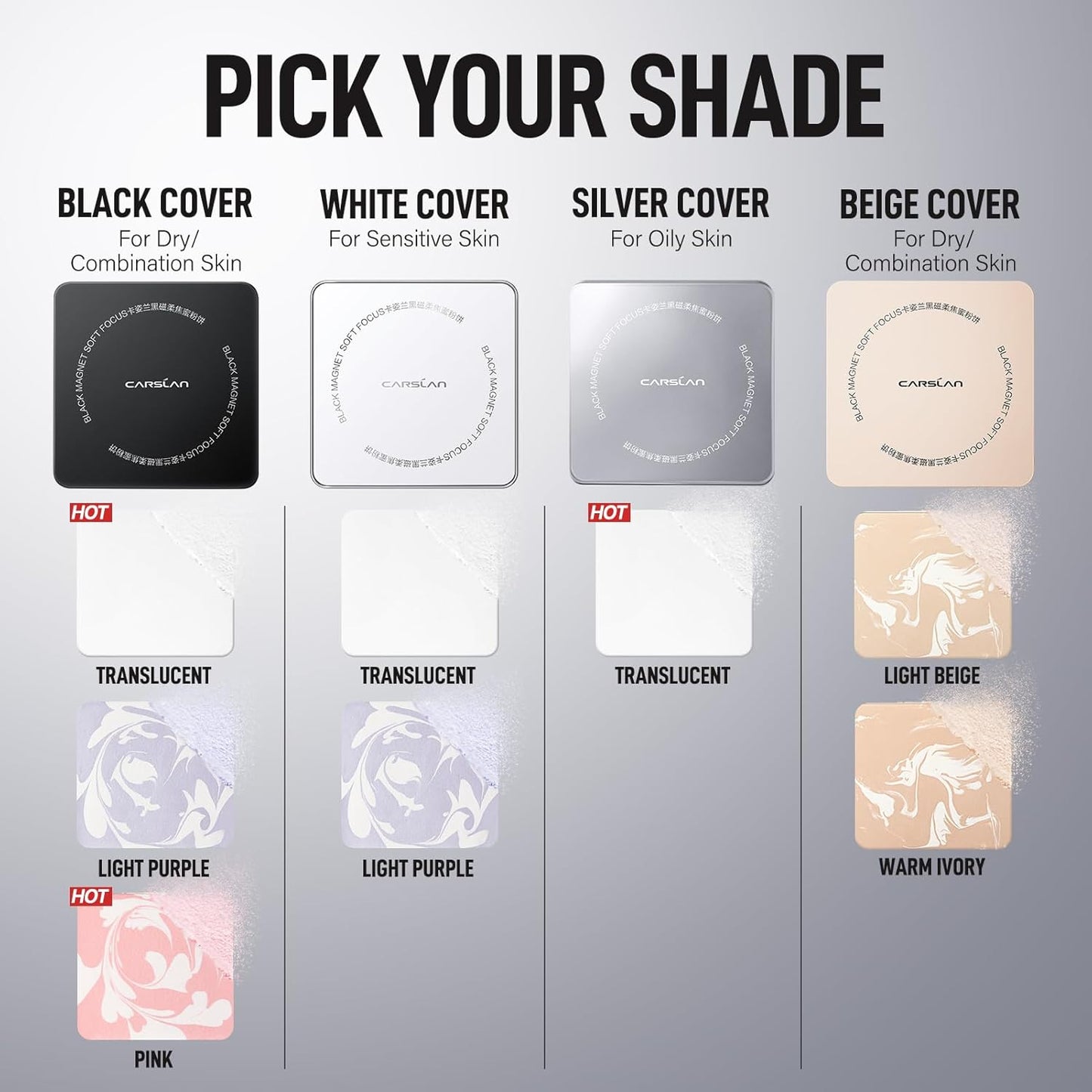 CARSLAN 2.0 Black Magnet Soft Focus Powder, Waterproof Translucent Pressed Setting Powder, 24H Longlasting Talc-Free Face Powder, Oil Control Compact Makeup,01 Pink For Dry&Com Skin, 0.28Oz