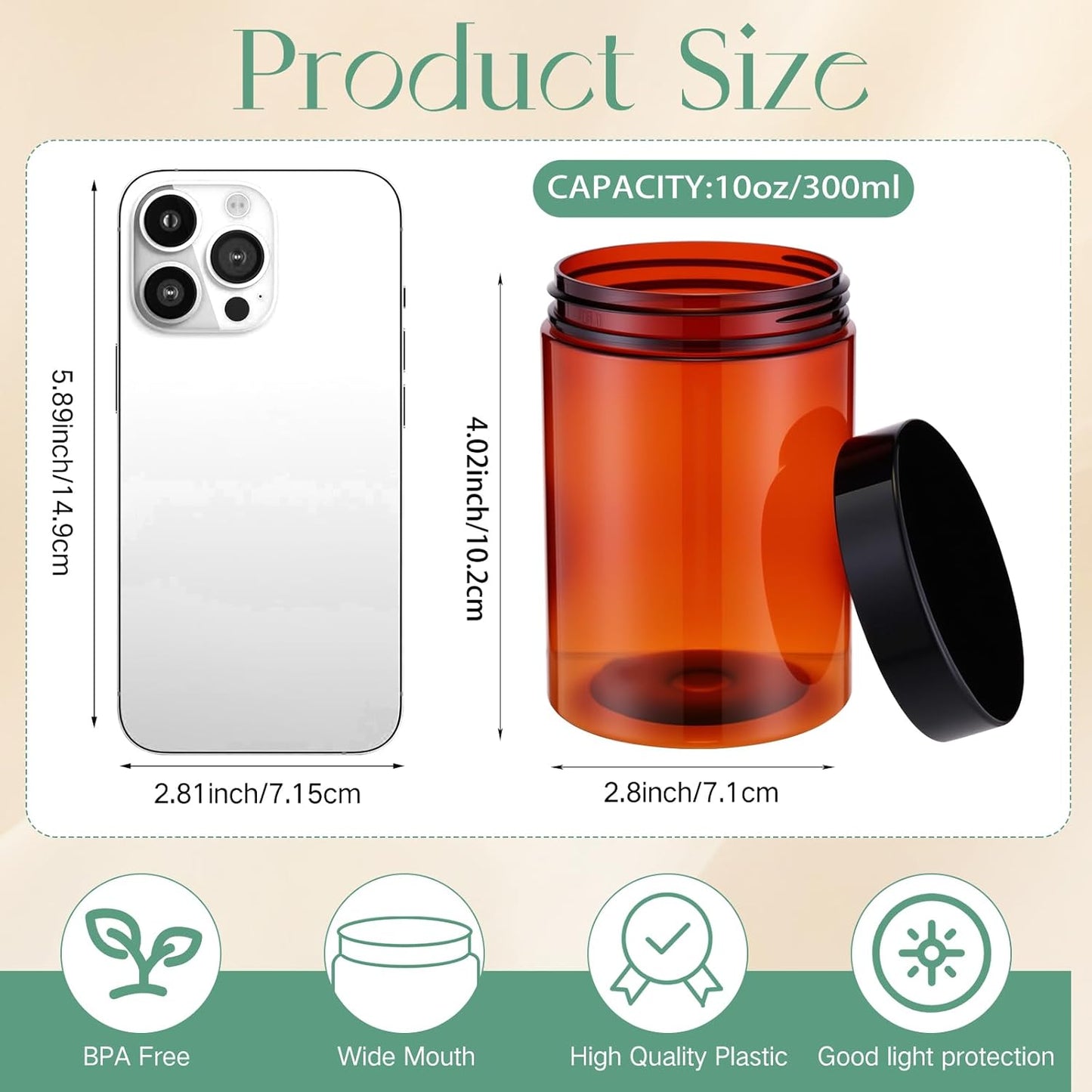 Patelai 4 Pieces Round Wide-mouth Leak Proof Plastic Container Jars with Lids for Travel Storage Makeup Beauty Products Face Creams Oils Salves Ointments DIY Making(10 Ounce,Amber)