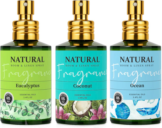 Fragrant Room Spray 3 Pack, Natural Essential Oil Air Freshener Spray for Home Bathroom and Kitchen, Eucalyptus, Ocean, Coconut Concentrated Room Spray