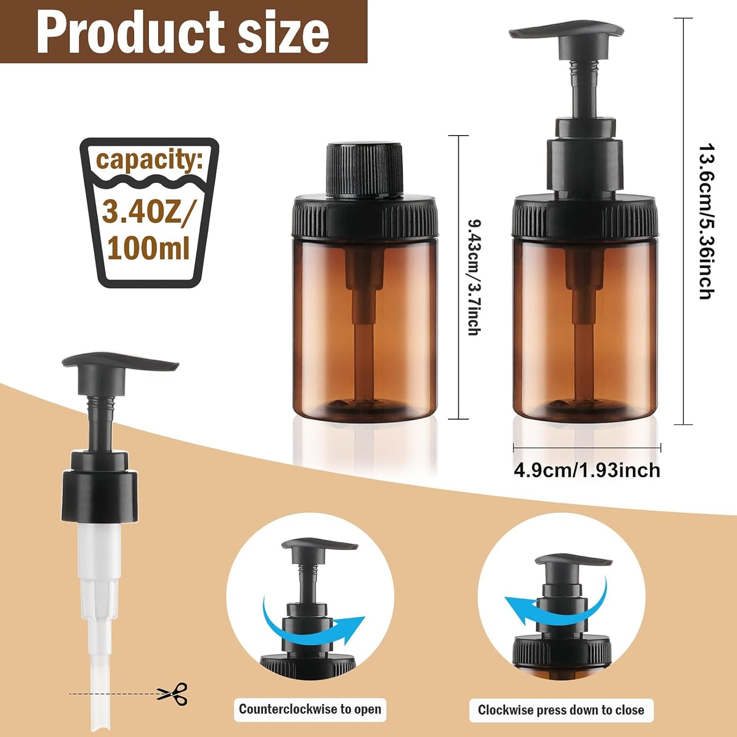 Cosywell Pump Bottle Dispenser 4oz/120ml 4 Pack Plastic Pump Bottles Lotion Dispenser Wide Mouth Jar Style Empty Refillable Bathroom Shower Containers for Shampoo Conditioner Body Wash(Brown)