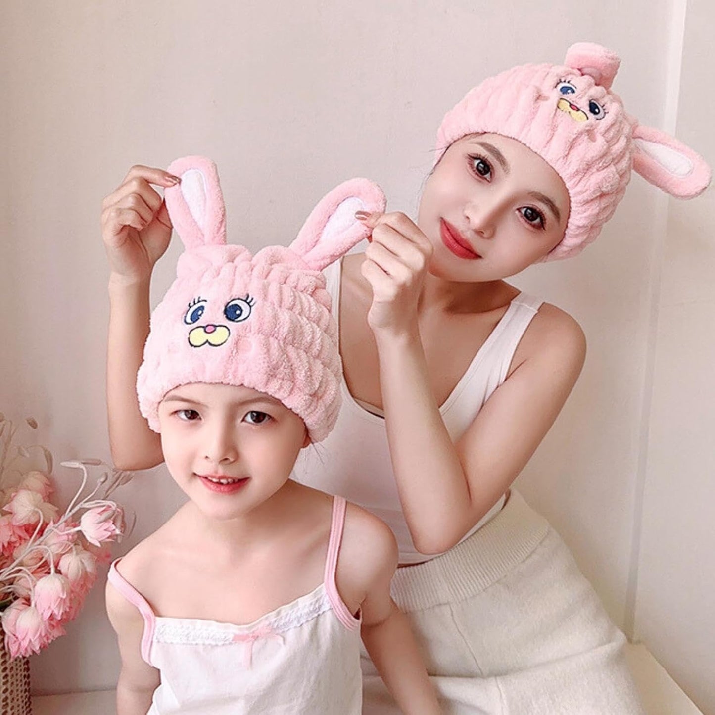 Microfiber Hair Towel Wrap for Kids, Pink Rabbit Dry Hair Cap Suck Water, Absorbent Quick Girls Boys Hair Drying Towel, Lightweight Bouncy Hat Headscarf for Wet Hair