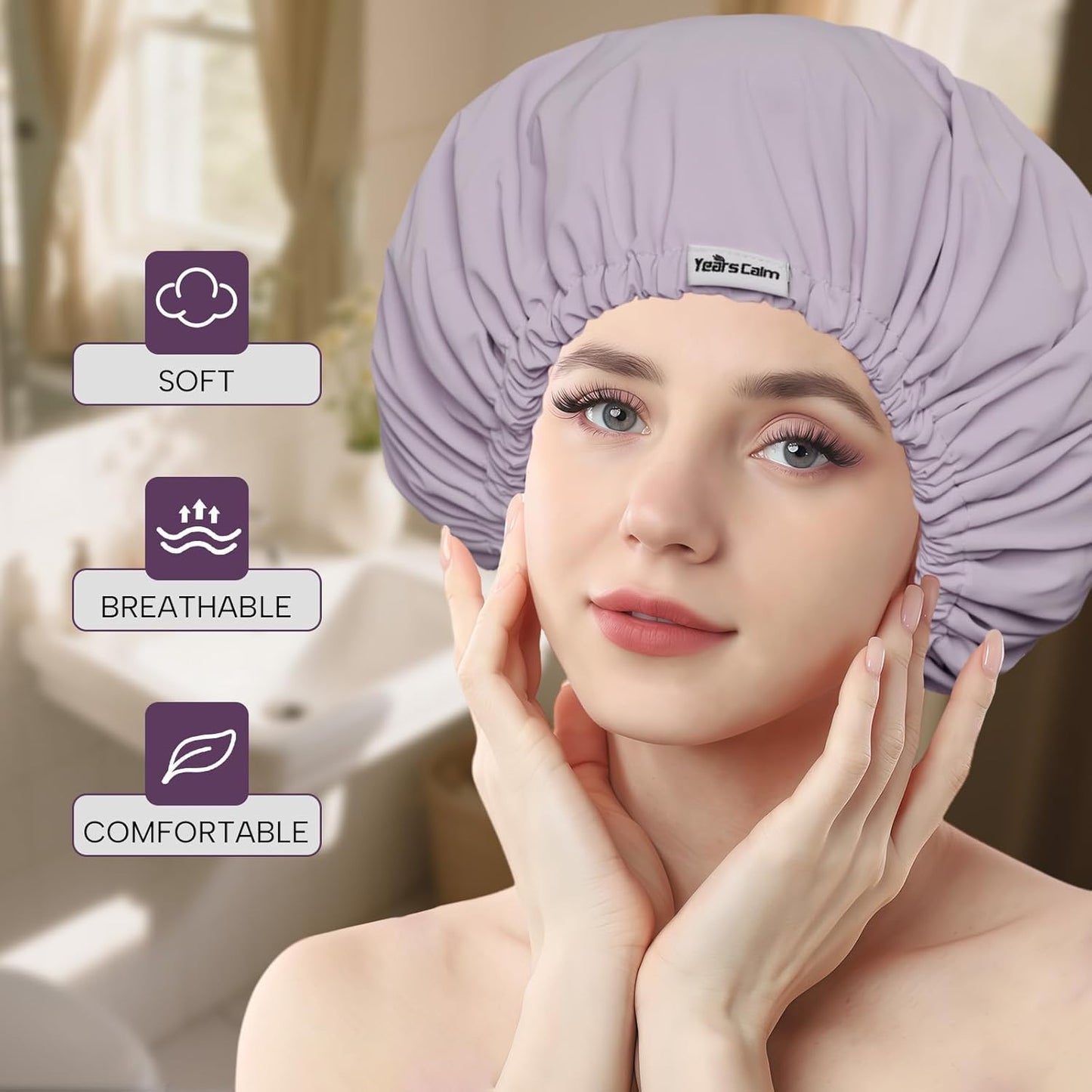 Years calm Shower Cap Reusable Waterproof, Double-Layer Hair Cap, with Elastic Band, Ideal for Shower, Spa, Travel & Cleaning (Light purple, One Size)