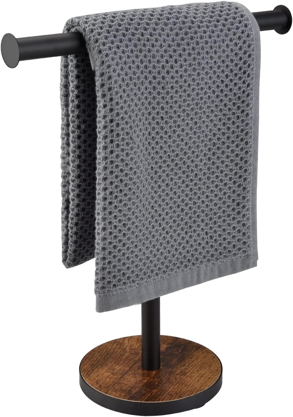Towel Holder Stand, Countertop Hand Towel Stand for Bathroom and Kitchen, Free Standing Counter Towel Rack with Weighted Wood Base, Rustic Black and Brown