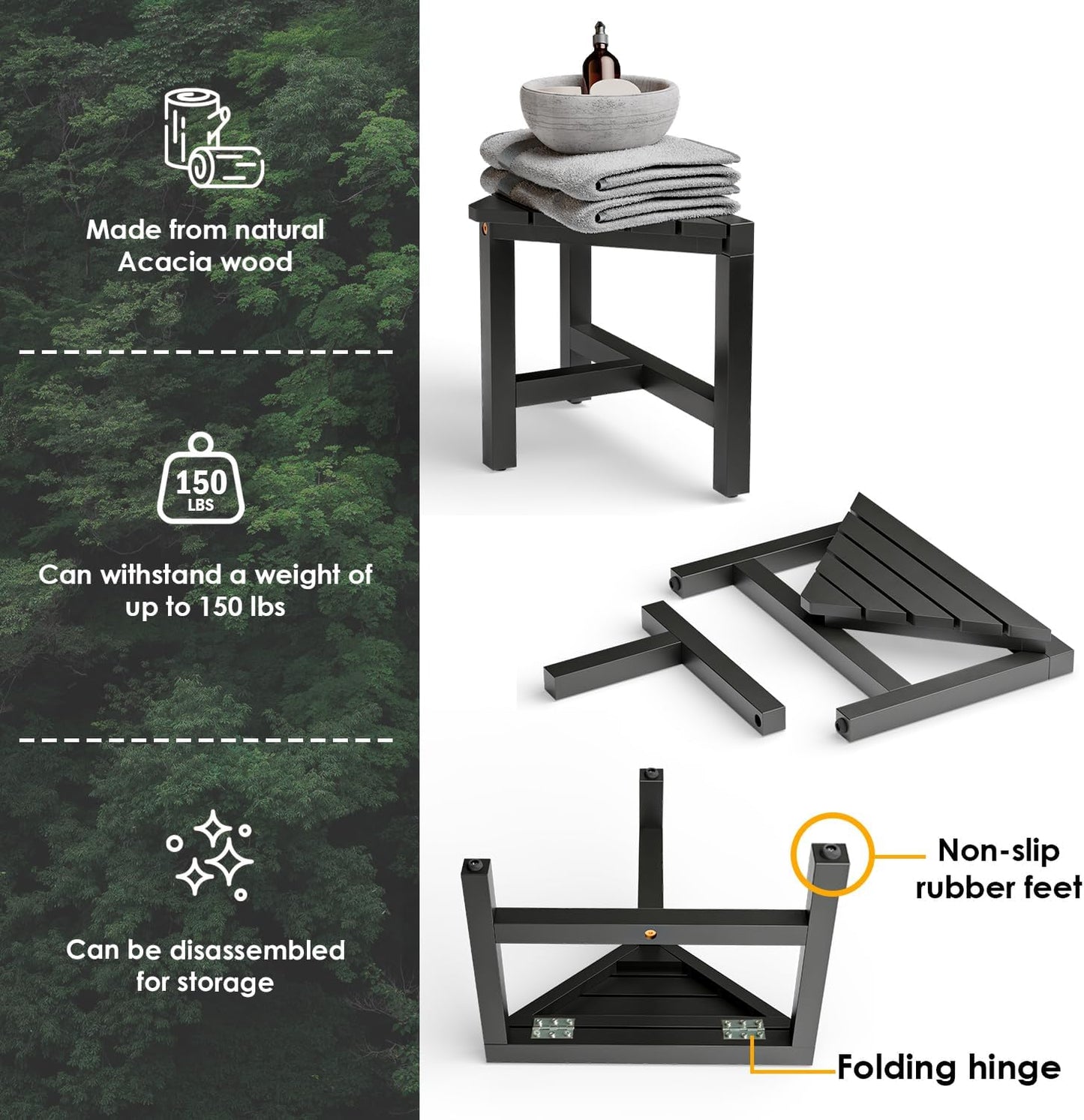 HOLANA 12" Acacia Shower Foot Rest - Wooden Shower Corner Stool Seat for Shaving Legs - Crossbar Corner Shower Benches for Inside Shower - Bath Step Stools Bench for Bathroom (Black)