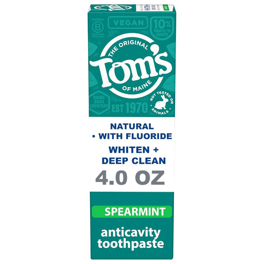 Tom's of Maine Whiten Plus Deep Clean Whitening Toothpaste, Natural Whitening Toothpaste with Plant-Based Cleansers, Enamel Safe Formula, Whitens Without Causing Sensitivity, Spearmint, 4.0 Oz