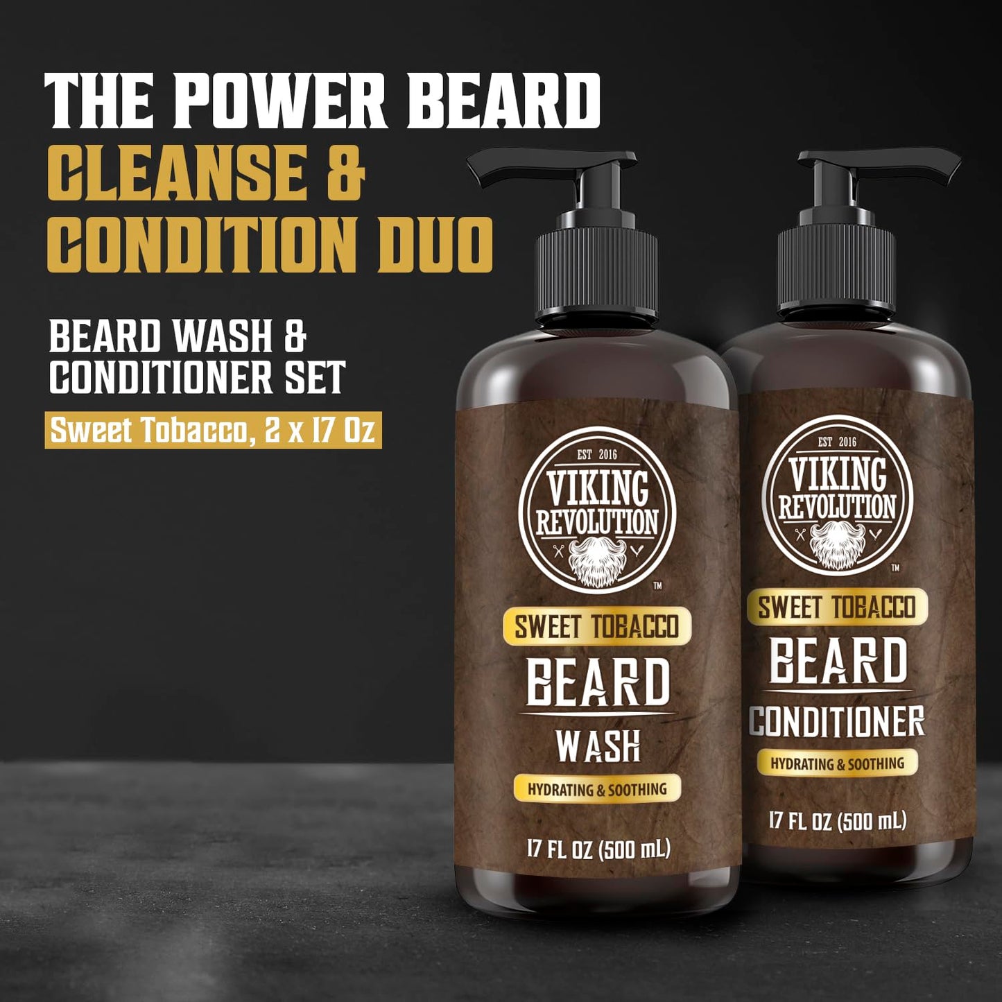 Viking Revolution Beard Wash and Beard Conditioner for Men with Argan Oil and Jojoba Oil - Beard Softener and Strengthener Beard Care Beard Shampoo and Conditioner with Beard Oil (17oz, Sweet Tobacco)