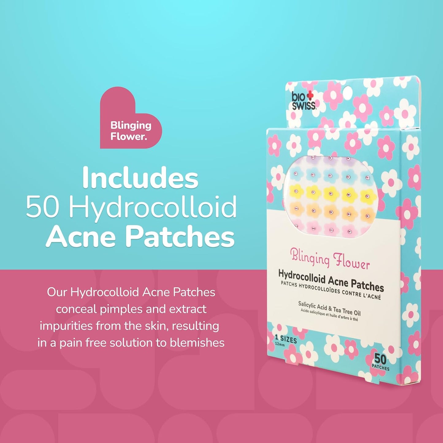 BioSwiss Pimple Patches, Blinging Flowers Patch for Zits and Blemishes, Hydrocolloid Spot Stickers for Face and Skin, 50 Count