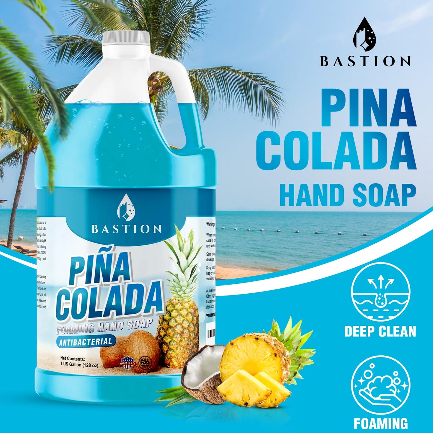 Bastion Foaming Antibacterial Hand Soap: Pina Colada Scented Refill 4 GallonS (512 oz) Bulk Hand Wash
