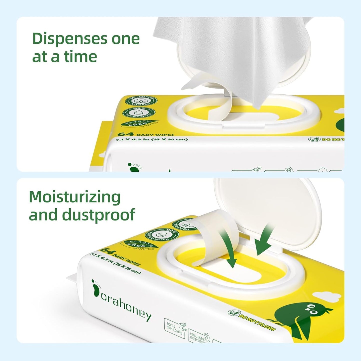 100% USA Cotton Baby Wipes for Sensitive Skin, 99% Purified Water Unscented Wet Wipes, Hypoallergenic & Plastic-Free, 512 Count (8 Flip-Top Packs of 64)