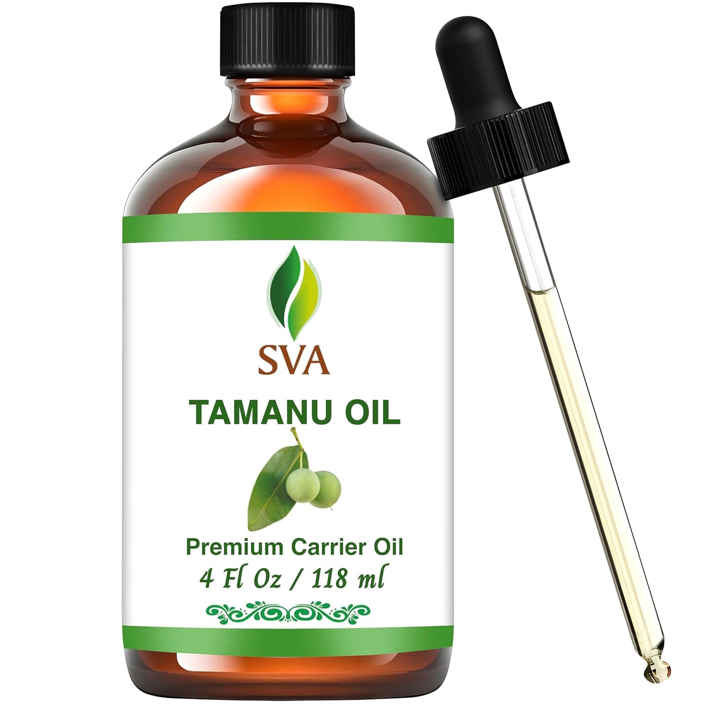 SVA Tamanu Oil - 4 Fl Oz – 100% Natural Cold Pressed Tamanu Oil - for Face, Skin Care, Hair Care, Scalp Massage & Body Massage – Carrier Oil with Dropper