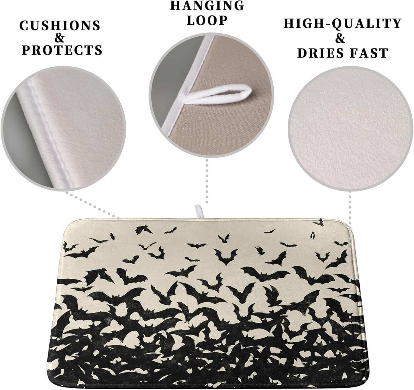 Halloween Bats Halloween Dish Drying Mat for Kitchen Counter 16x18 Inch Microfiber Absorbent Drying Mats Washable Dishes Drainer Mats Reusable Dish Rack Pad for Coffee Bar