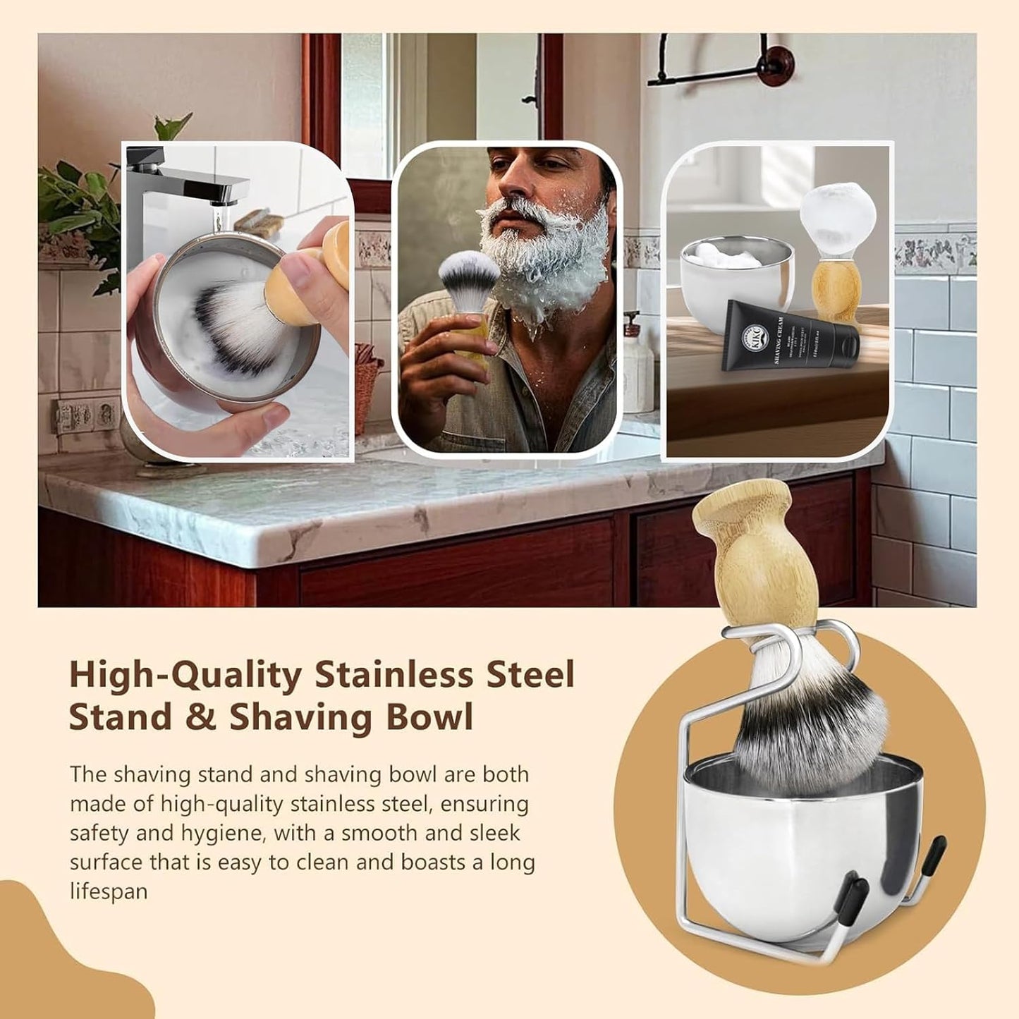 5 in 1 Shaving Kit, Shaving Brush Kit for Men,Set Include Synthetic Shave Brush, Stainless Lathering Bowl, Shave Brush Stand, Shaving Cream, Shave Manual, Best Gift for Bearded Man,Silvery Set