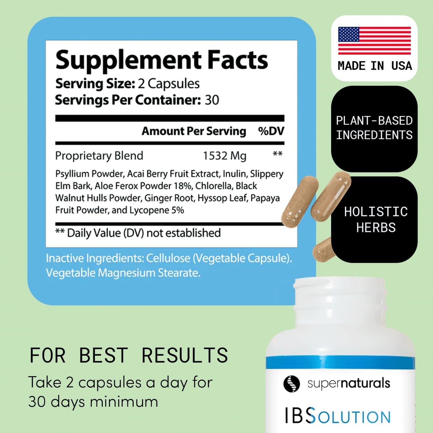 IBSolution - Digestive Health Supplement, Gas, Bloating, Diarrhea, Constipation Relief, Abdominal Pain, With Psyllium, Promote Regularity, Supports Gut Health, Made in USA - 60 Vegan Capsules, 2-Pack