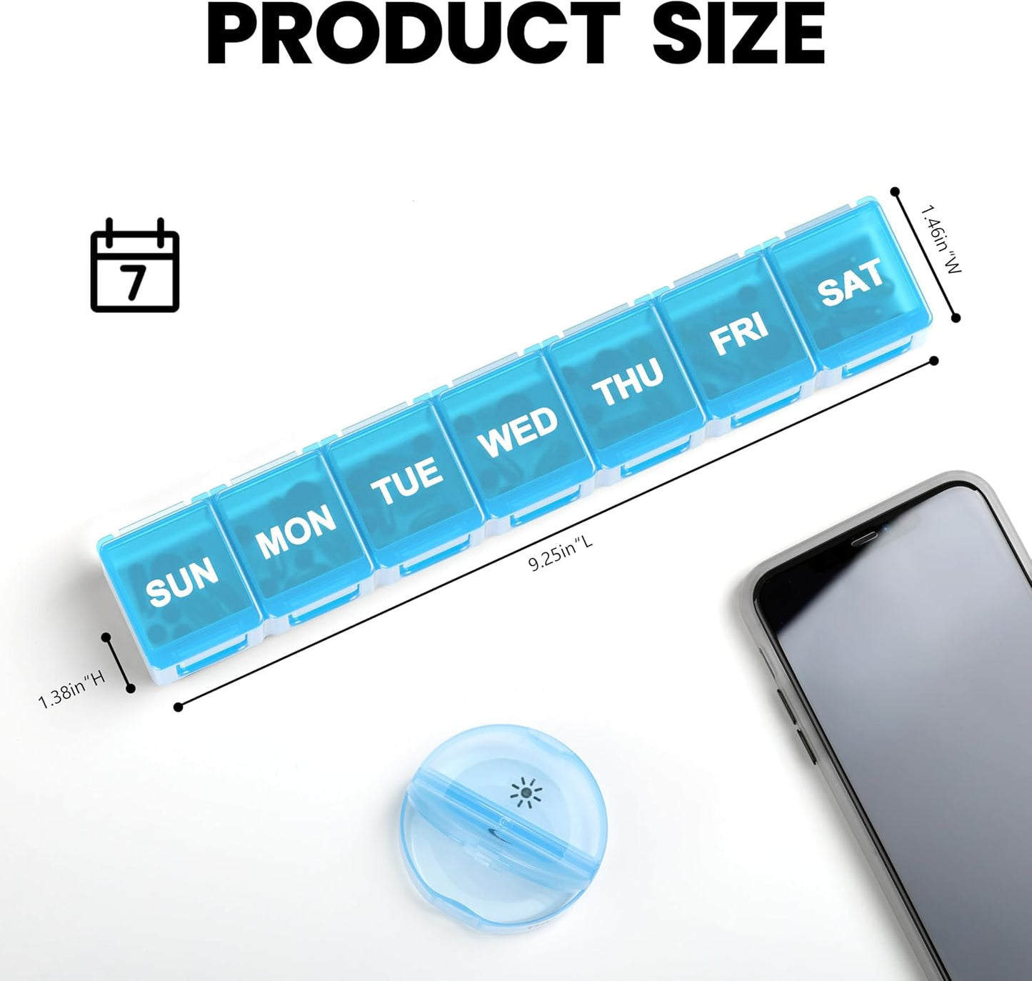 Sukuos Extra Large Weekly Pill Organizer, 7 Day Daily Pill Box Case Arthritis Friendly, Silkscreen Printed Medicine Container with Clear Lid for Vitamins, Fish Oils or Supplements (Blue)