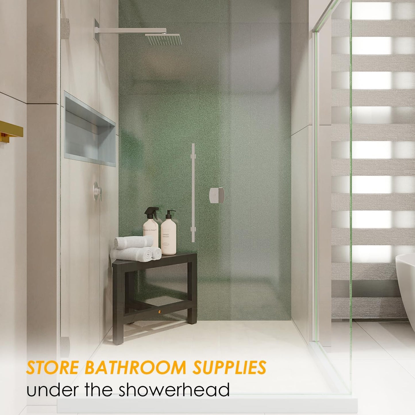 HOLANA 12" Acacia Shower Foot Rest - Wooden Shower Corner Stool Seat for Shaving Legs - Crossbar Corner Shower Benches for Inside Shower - Bath Step Stools Bench for Bathroom (Black)