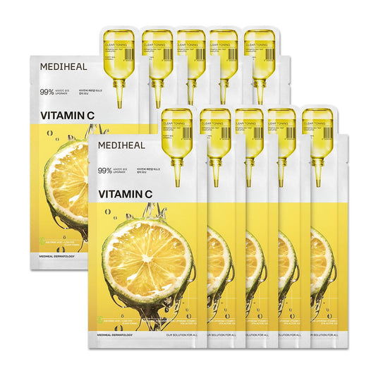 Mediheal Vitamin C Essential Sheet Mask Clear Toning 10 pcs. 99% Pure Vitamin C & 10 Vita Actives for hydration, blemish. Vegan formula