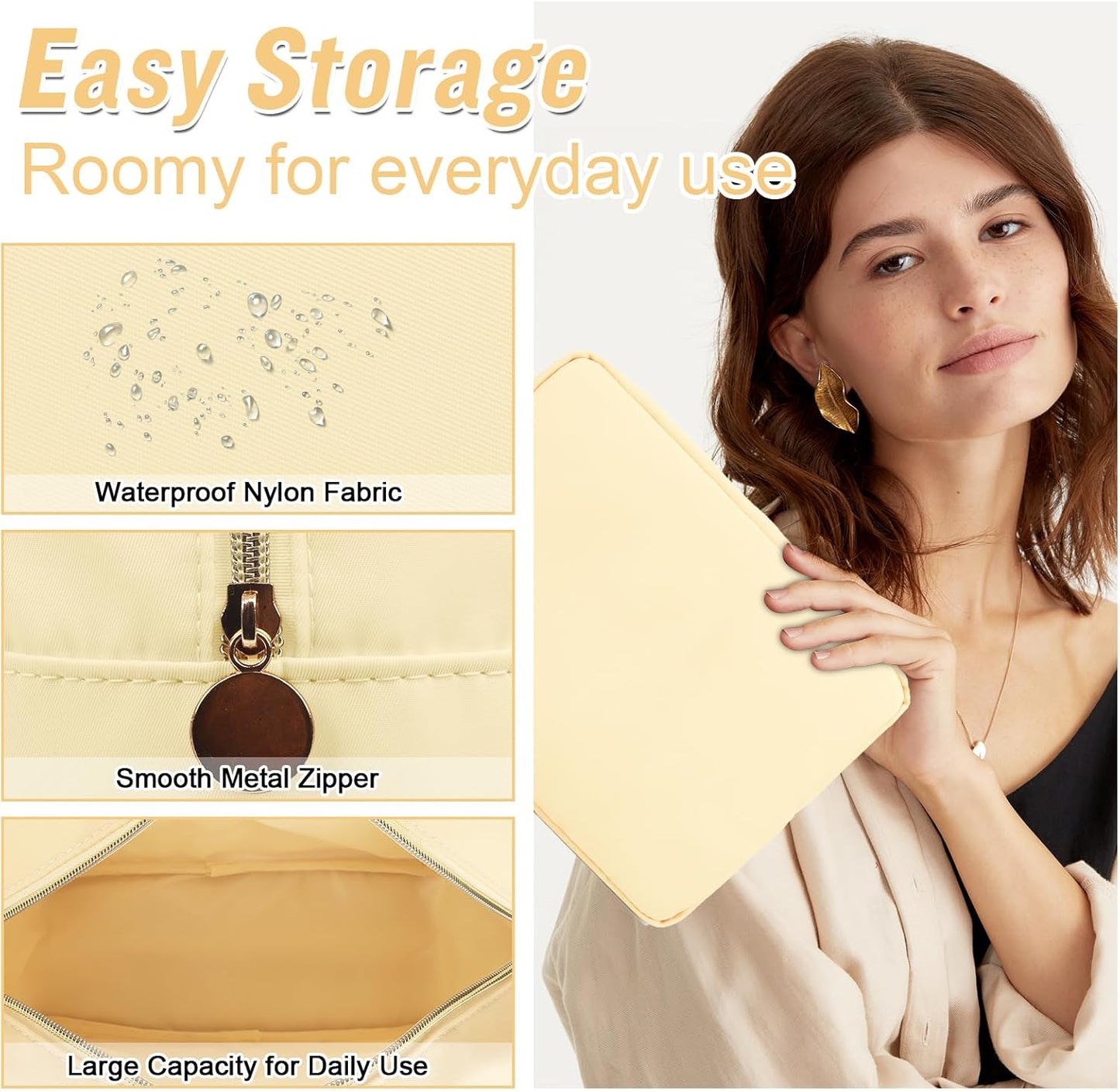 Nylon Large Makeup Bag Travel Pouch for Women, Preppy Big Makeup Bag Cute Cosmetic Zipper Pouch Purse, DIY Chenille Letter Bag Waterproof Toiletry Bag Clutch Makeup Organizer for Girls (Beige)