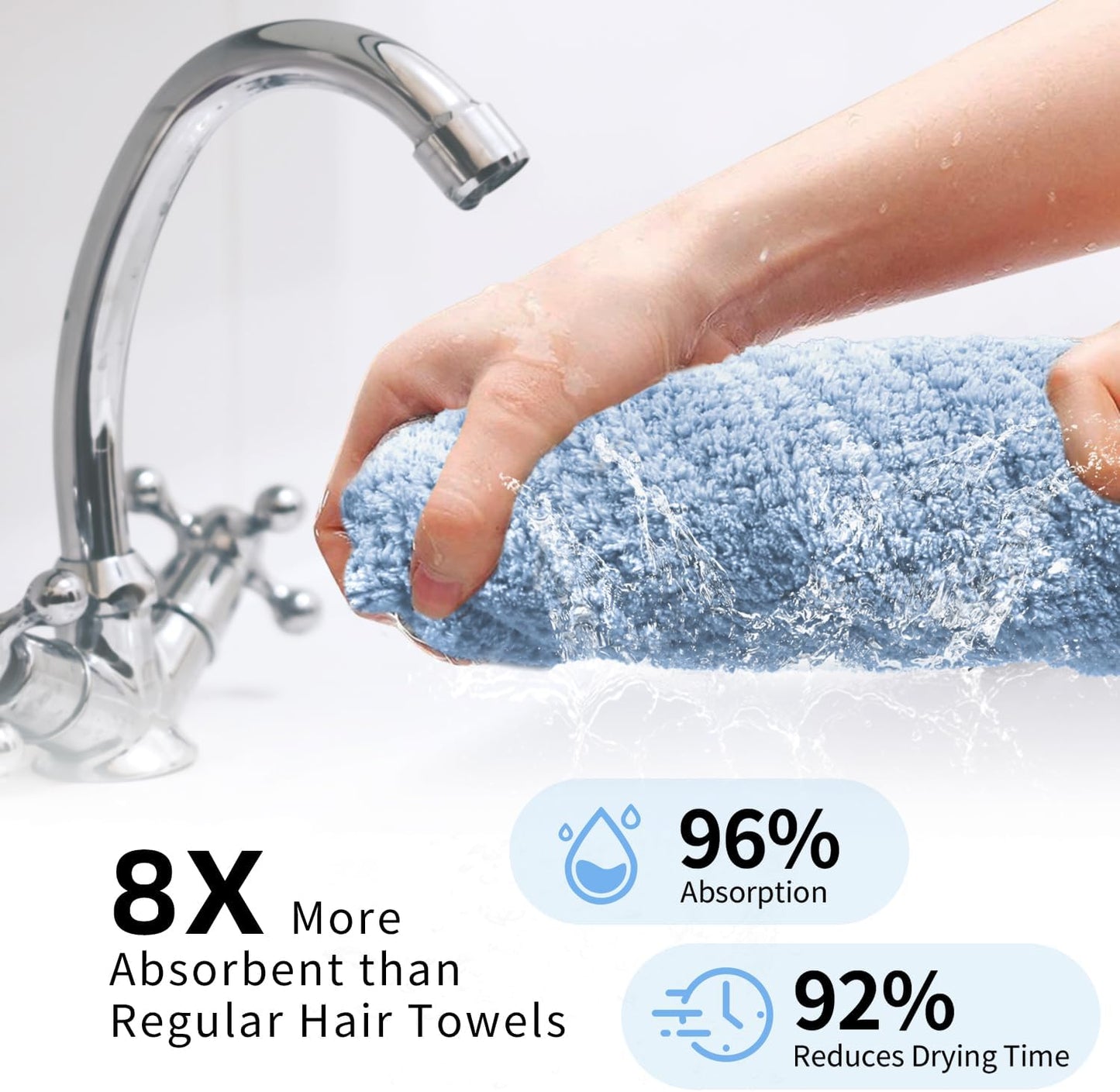 2 Pack Extra Large Microfiber Hair Towel Wrap for Women, 37.4" x 26.4" Super Absorbent & Quick Dry with Elastic Strap for Curly Hair (Blue)