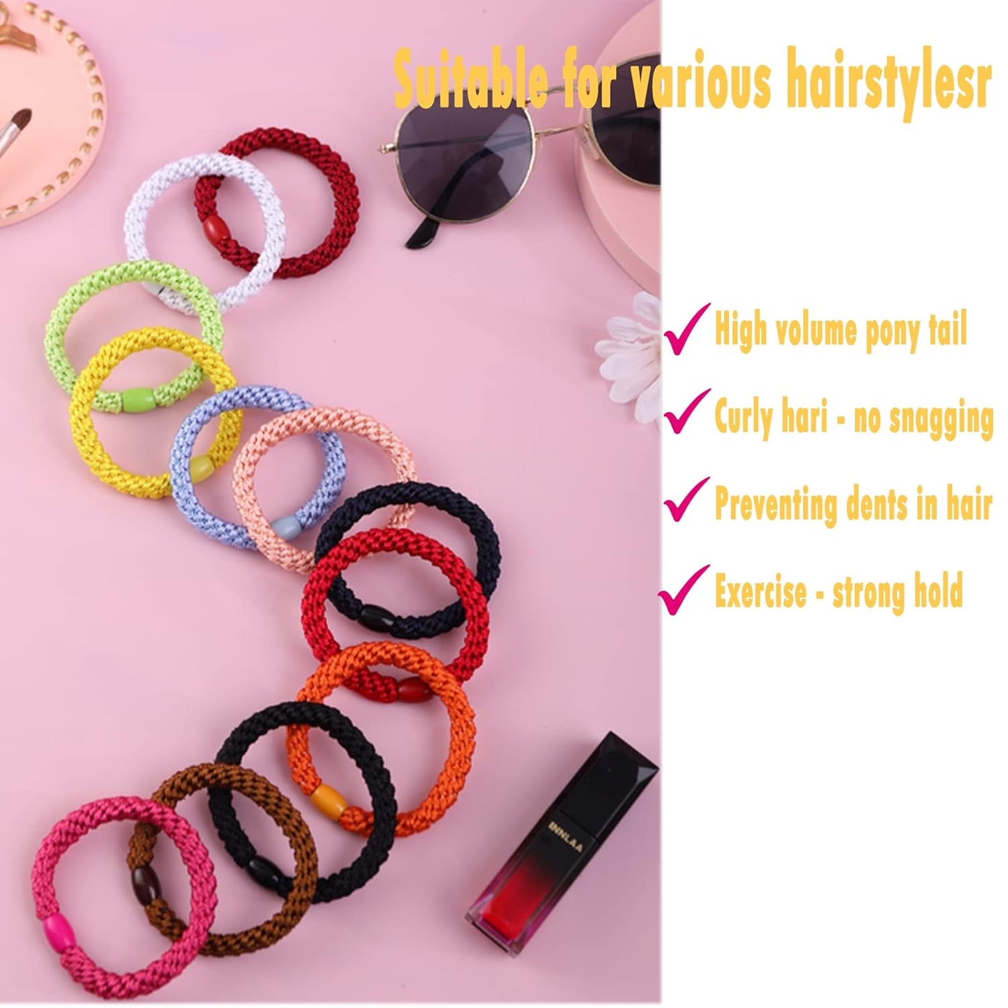 AXEN 8PCS Elastic Hair Tie for Women Girls, Cotton Bands Soft Woven Ponytail Holders for Thick Hair and Curly Hair, Double Mixed Colors 2
