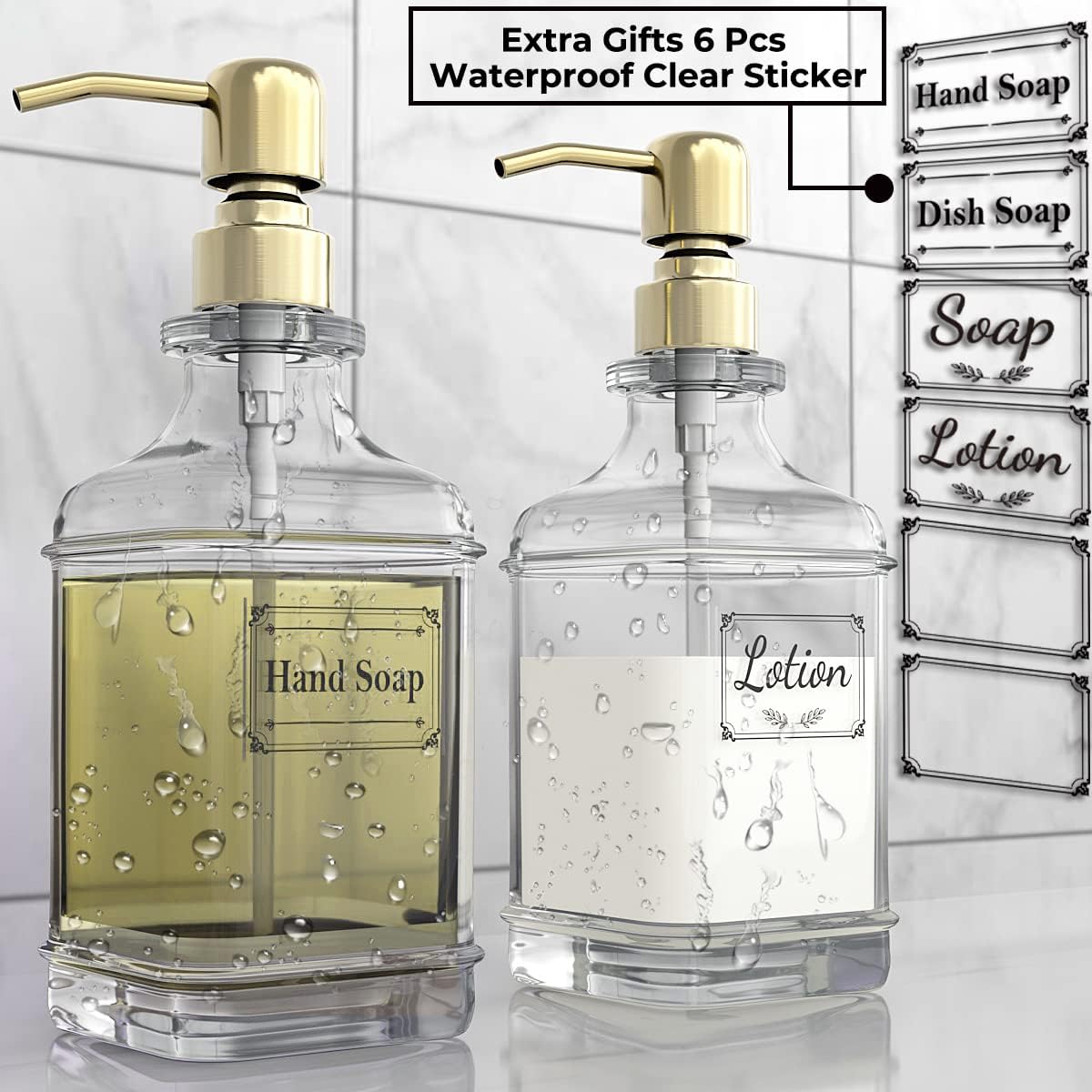 GLADPURE Soap Dispenser - 2 Pack, 18 Oz Antique Design Thick Glass Hand Soap Dispensers; with 304 Rust Proof Stainless Steel Pump, 6Pcs Clear Stickers, for Kitchen, Bathroom - Gold