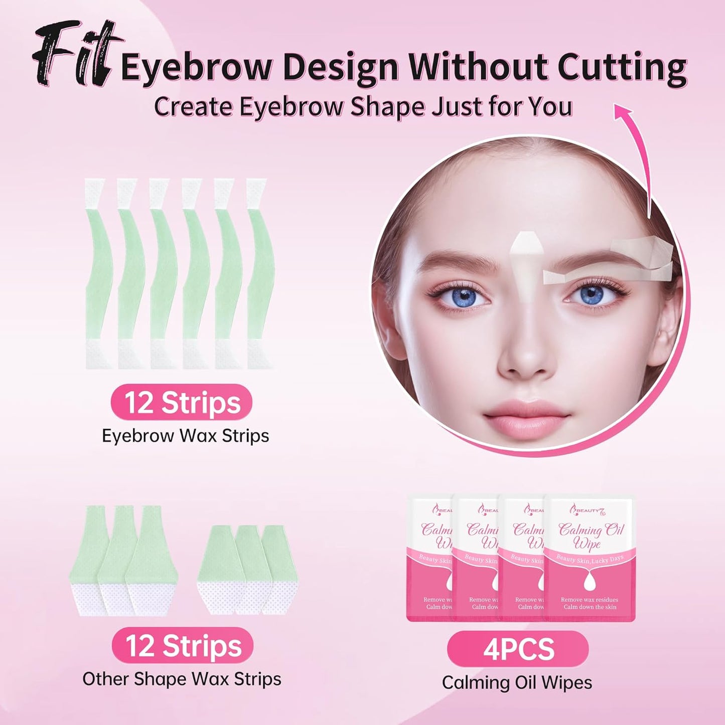 Beauty7 Facial Wax Strips Kit for Hair Removal - Eyebrow Shaper at Home - 24 Strips, 4 Calming Oil Wipes for Sensitive All Skin Types for Women