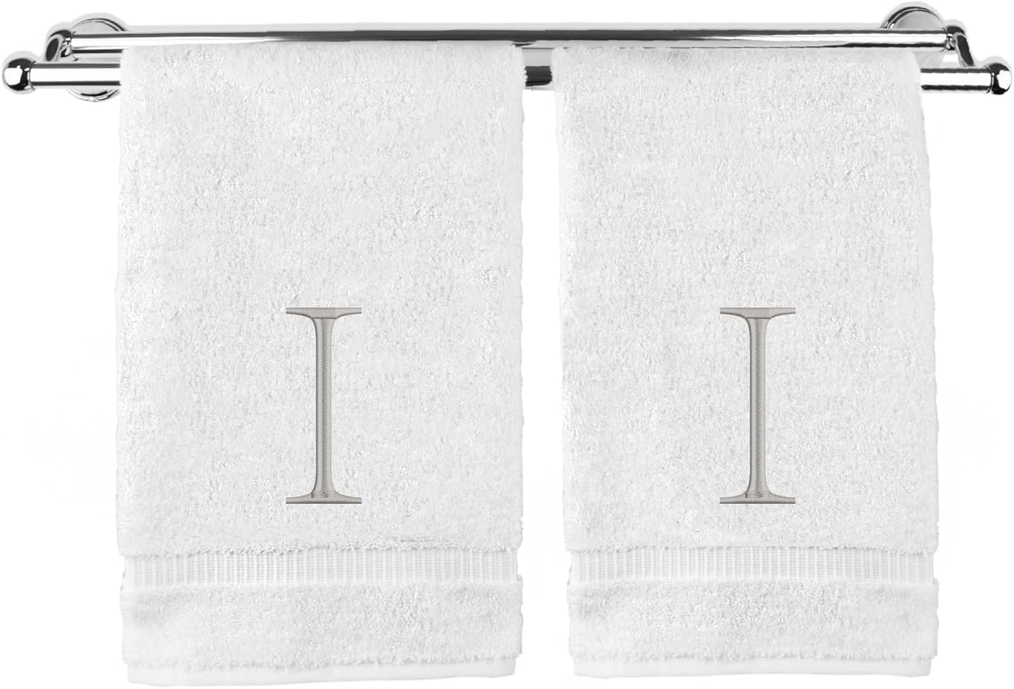 Monogrammed Hand Towel, Personalized Initial Gift, Extra Absorbent 100% Turkish Cotton - Soft Terry Finish - Set of 2 - Silver Block Initial I - Embroidered on White Towels