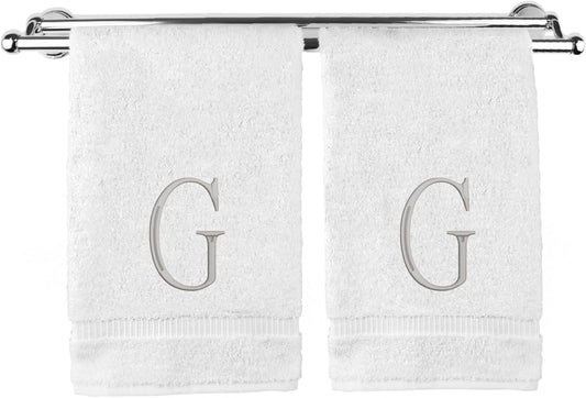 Monogrammed Hand Towel, Personalized Initial Gift, Extra Absorbent 100% Turkish Cotton - Soft Terry Finish - Set of 2 - Silver Block Initial G - Embroidered on White Towels