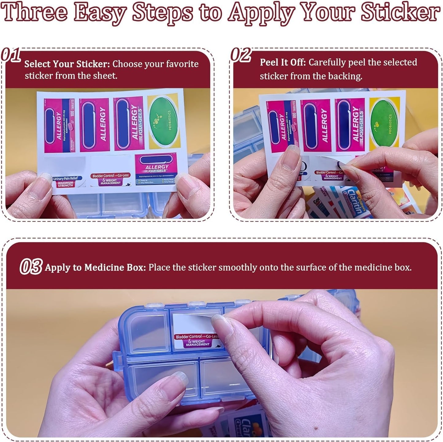 Pill Organizer with Medicine Labels, Travel Daily Pill Container, Mini Medication Organizer, 7-Day Pill Case, Set of 3 (Blue+Pink+Purple)