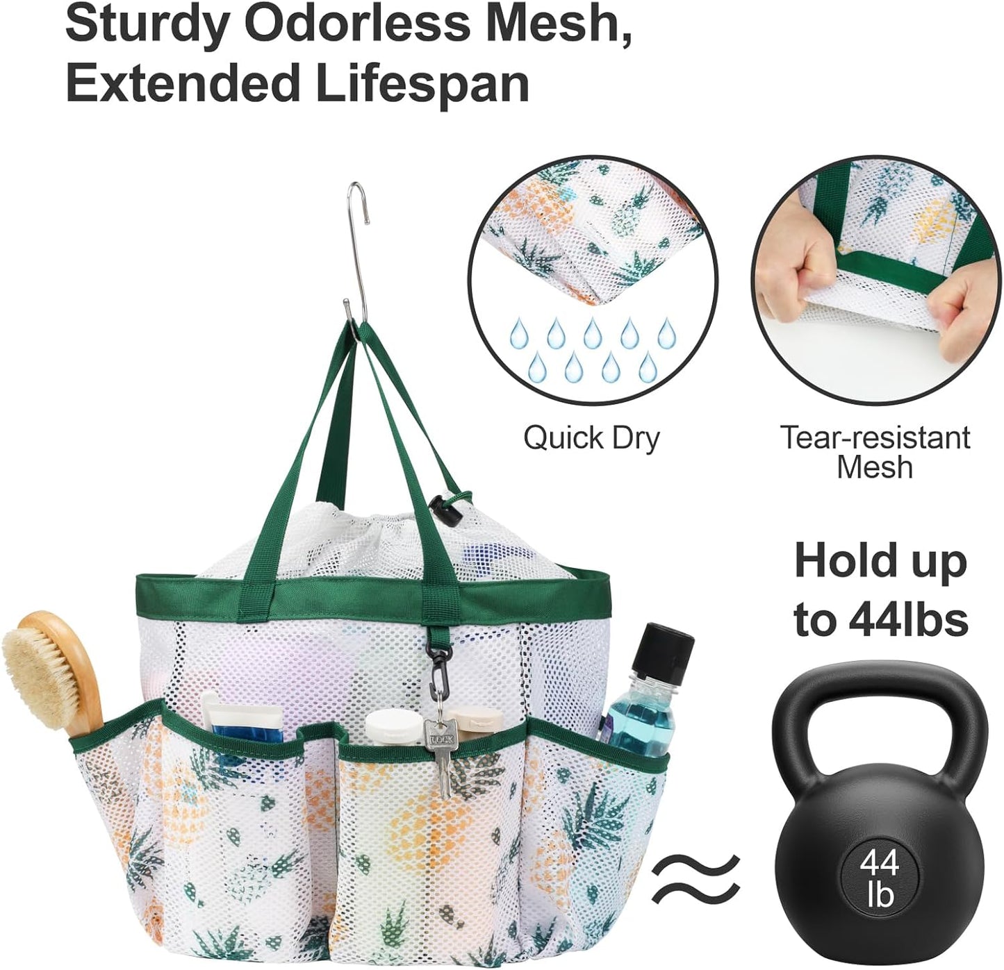 F-color Mesh Shower Caddy Portable with Drawstring - Upgrade Deeper 7 Pockets Dorm Room Essentials for Guys Girls with S Hook, Shower Bag Basket Tote for College Camping Bathroom, Green Pineapple