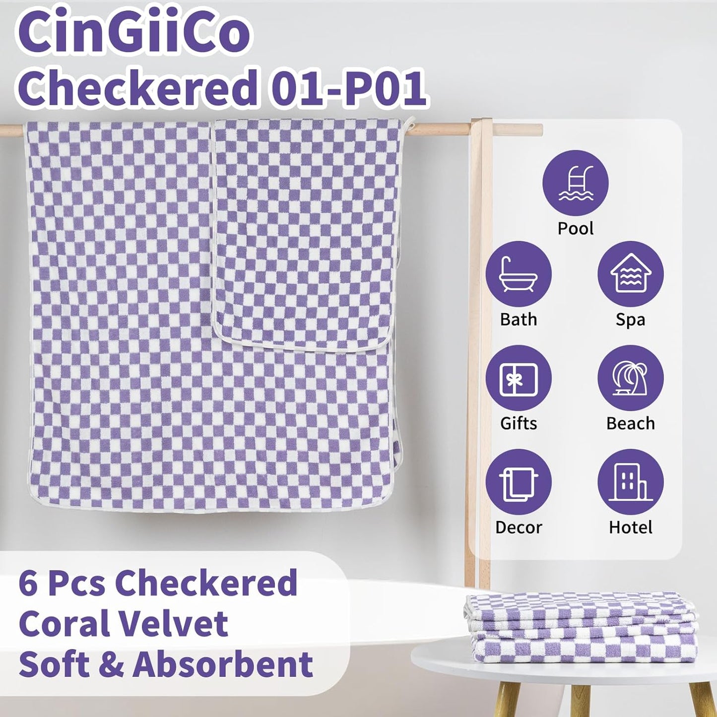 Checkered Bath Towels Set of 6 Large, Microfiber Shower Towels * 2 (55.12"*27.56"), Hand Towels * 4 (29.52"*13.77"),Towels for Bathroom、Pool、Hotel, Spa, Soft Absorbent Quick-Dry（Purple）