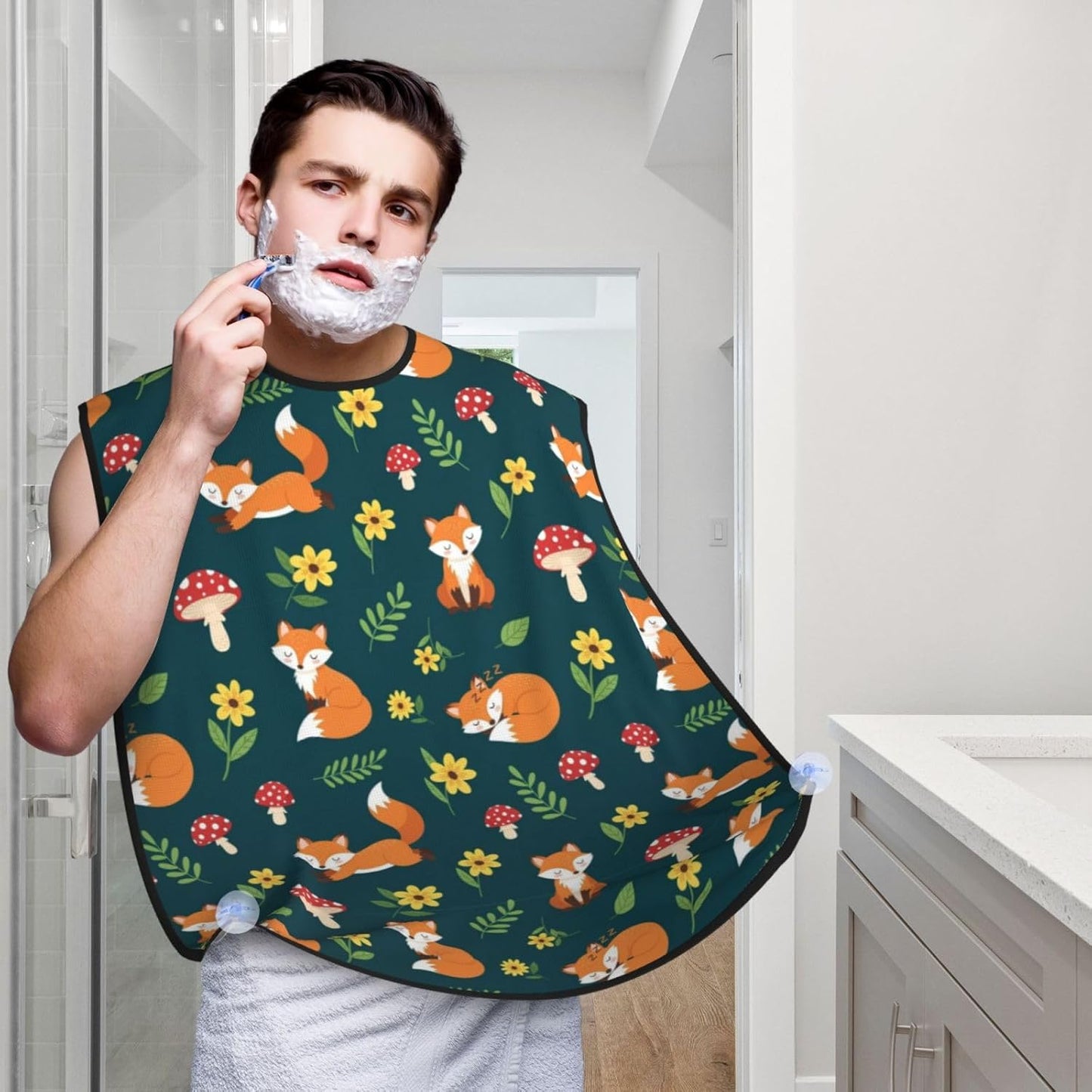 Strong Suction Cup Beard Grooming Bib, Non-Stick Hair Catcher, Waterproof, for Shaving, Summer Leaves Flowers Floral Foxes